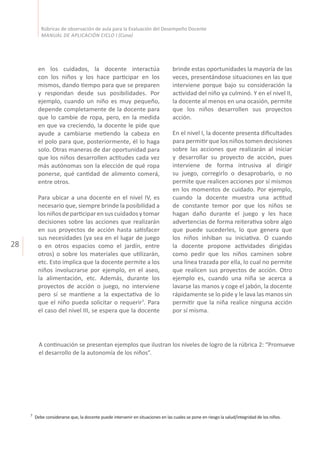 28
Rúbricas de observación de aula para la Evaluación del Desempeño Docente
MANUAL DE APLICACIÓN CICLO I (Cuna)
en los cuidados, la docente interactúa
con los niños y los hace participar en los
mismos, dando tiempo para que se preparen
y respondan desde sus posibilidades. Por
ejemplo, cuando un niño es muy pequeño,
depende completamente de la docente para
que lo cambie de ropa, pero, en la medida
en que va creciendo, la docente le pide que
ayude a cambiarse metiendo la cabeza en
el polo para que, posteriormente, él lo haga
solo. Otras maneras de dar oportunidad para
que los niños desarrollen actitudes cada vez
más autónomas son la elección de qué ropa
ponerse, qué cantidad de alimento comerá,
entre otros.
Para ubicar a una docente en el nivel IV, es
necesario que, siempre brinde la posibilidad a
losniñosdeparticiparensuscuidadosytomar
decisiones sobre las acciones que realizarán
en sus proyectos de acción hasta satisfacer
sus necesidades (ya sea en el lugar de juego
o en otros espacios como el jardín, entre
otros) o sobre los materiales que utilizarán,
etc. Esto implica que la docente permite a los
niños involucrarse por ejemplo, en el aseo,
la alimentación, etc. Además, durante los
proyectos de acción o juego, no interviene
pero sí se mantiene a la expectativa de lo
que el niño pueda solicitar o requerir7
. Para
el caso del nivel III, se espera que la docente
brinde estas oportunidades la mayoría de las
veces, presentándose situaciones en las que
interviene porque bajo su consideración la
actividad del niño ya culminó. Y en el nivel II,
la docente al menos en una ocasión, permite
que los niños desarrollen sus proyectos
acción.
En el nivel I, la docente presenta dificultades
para permitir que los niños tomen decisiones
sobre las acciones que realizarán al iniciar
y desarrollar su proyecto de acción, pues
interviene de forma intrusiva al dirigir
su juego, corregirlo o desaprobarlo, o no
permite que realicen acciones por sí mismos
en los momentos de cuidado. Por ejemplo,
cuando la docente muestra una actitud
de constante temor por que los niños se
hagan daño durante el juego y les hace
advertencias de forma reiterativa sobre algo
que puede sucederles, lo que genera que
los niños inhiban su iniciativa. O cuando
la docente propone actividades dirigidas
como pedir que los niños caminen sobre
una línea trazada por ella, lo cual no permite
que realicen sus proyectos de acción. Otro
ejemplo es, cuando una niña se acerca a
lavarse las manos y coge el jabón, la docente
rápidamente se lo pide y le lava las manos sin
permitir que la niña realice ninguna acción
por sí misma.
A continuación se presentan ejemplos que ilustran los niveles de logro de la rúbrica 2: “Promueve
el desarrollo de la autonomía de los niños”.
7
Debe considerarse que, la docente puede intervenir en situaciones en las cuales se pone en riesgo la salud/integridad de los niños.
 