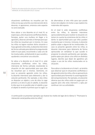 50
Rúbricas de observación de aula para la Evaluación del Desempeño Docente
MANUAL DE APLICACIÓN CICLO I (Cuna)
situaciones conflictivas no resueltas por los
niños en las que amerite una intervención de la
docente, ni agresiones, entonces este aspecto
no será evaluado.
Para ubicar a una docente en el nivel IV, se
esperaque,antesituacionesconflictivas(llanto,
forcejeo, quitar una muñeca sin llegar a la
agresión), observe y brinde un tiempo para que
los niños las resuelvan por sí mismos. En caso
los niños no logren resolver dicha situación o
haya agresión entre ellos, la docente interviene
de forma calmada para detenerla preguntando
sobre lo que pasó, escuchando a cada uno de
los involucrados, verbalizando lo que sucedió y
ayudando a encontrar una solución.
Se ubica a la docente en el nivel III si, ante
situaciones conflictivas entre los niños,
interviene de forma calmada resolviendo la
situación sin dar oportunidad para que ellos
las resuelvan por sí mismos. Asimismo, en
caso se presente agresión entre los niños,
la docente interviene para detenerla y dar la
solución pertinente. Por ejemplo, si dos niños
se disputan un objeto y uno de ellos lo coge
primero y el otro le jala el cabello, la docente
le dice que no es posible jalar el cabello y que
el objeto lo tendrá el primero que lo cogió. Le
da alternativas al otro niño para que pueda
tomar otro objeto o lo invitar a que explore los
materiales del espacio.
En el nivel II, ante situaciones conflictivas
entre los niños, la docente interviene
apresuradamente para resolver la situación sin
tomar en cuenta las emociones de los niños ni
darles la oportunidad para que ellos puedan
resolverlas por sí mismos. Inclusive, la docente
podría culpar a alguno de los involucrados. En
caso se presente agresión entre los niños, la
docente interviene para detenerla de forma
apresurada sin verbalizar lo que sucede ni
proponer la solución pertinente; por ejemplo,
podría optar por ubicar a los niños en distintos
lugares, decirles que dejen de agredirse y/o
culpar a uno de los niños involucrados en la
situación.
Para ubicar a la docente en el nivel I, se tendría
que observar que en situaciones conflictivas o
deagresiónentrelosniños,ellanoaprovechala
oportunidad para fomentar la autorregulación
del comportamiento. Por ejemplo, si la docente
observa que dos niños están en pugna por un
juguete pero ella evita intervenir y opta por
continuar con sus actividades.
A continuación se presentan ejemplos que ilustran los niveles de logro de la rúbrica 5: “Promueve la
interacción social positiva entre los niños”.
 