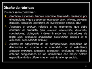 Diseño de rúbricas
Es necesario considerar:
 Producto esperado, trabajo concreto terminado realizado por
el estudiante y que puede ser evaluado. (ejm. informe, proyecto,
maqueta, trabajo de laboratorio, de investigación, ensayo, etc.)


Aspectos a evaluar, referido a los elementos que debe
contener el producto (ejm. informe: introducción, desarrollo,
conclusiones, bibliografía ) determinando los indicadores de
logro (ejm. desarrollo: originalidad, profundidad, claridad en la
redacción, capacidad de síntesis)



Niveles de adquisición de las competencias, específica las
diferencias en cuanto a lo aprendido por el estudiante
(escalas: avanzado, excelente, destacado), evaluados mediante
criterios desglosados de los indicadores con mayor detalle
especificando las diferencias en cuánto a lo aprendido.
12

 