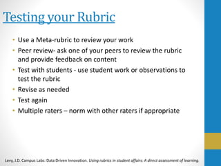Testing your Rubric
• Use a Meta-rubric to review your work
• Peer review- ask one of your peers to review the rubric
and provide feedback on content
• Test with students - use student work or observations to
test the rubric
• Revise as needed
• Test again
• Multiple raters – norm with other raters if appropriate
Levy, J.D. Campus Labs: Data Driven Innovation. Using rubrics in student affairs: A direct assessment of learning.
 