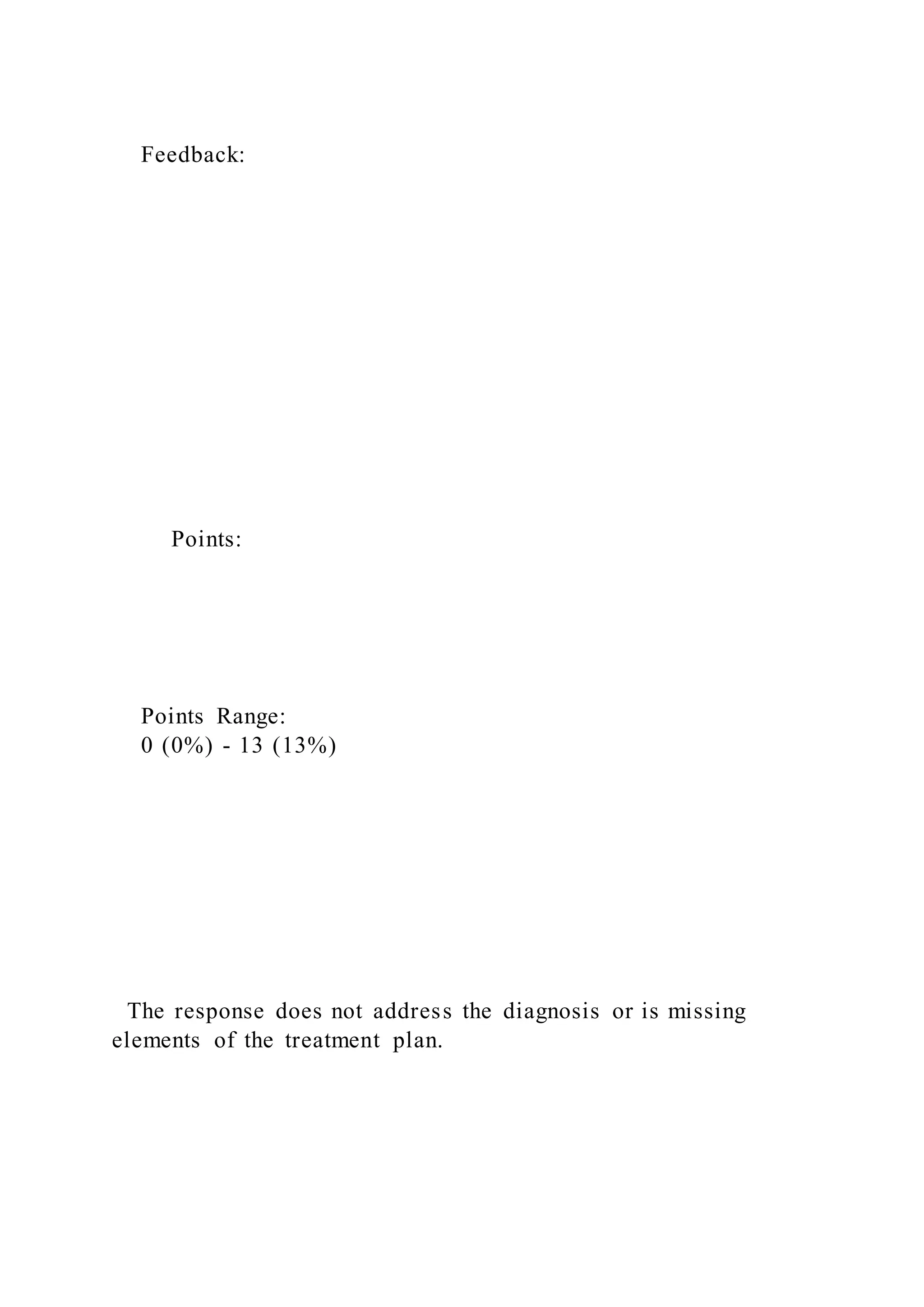 Feedback:
Points:
Points Range:
0 (0%) - 13 (13%)
The response does not address the diagnosis or is missing
elements of the treatment plan.
 