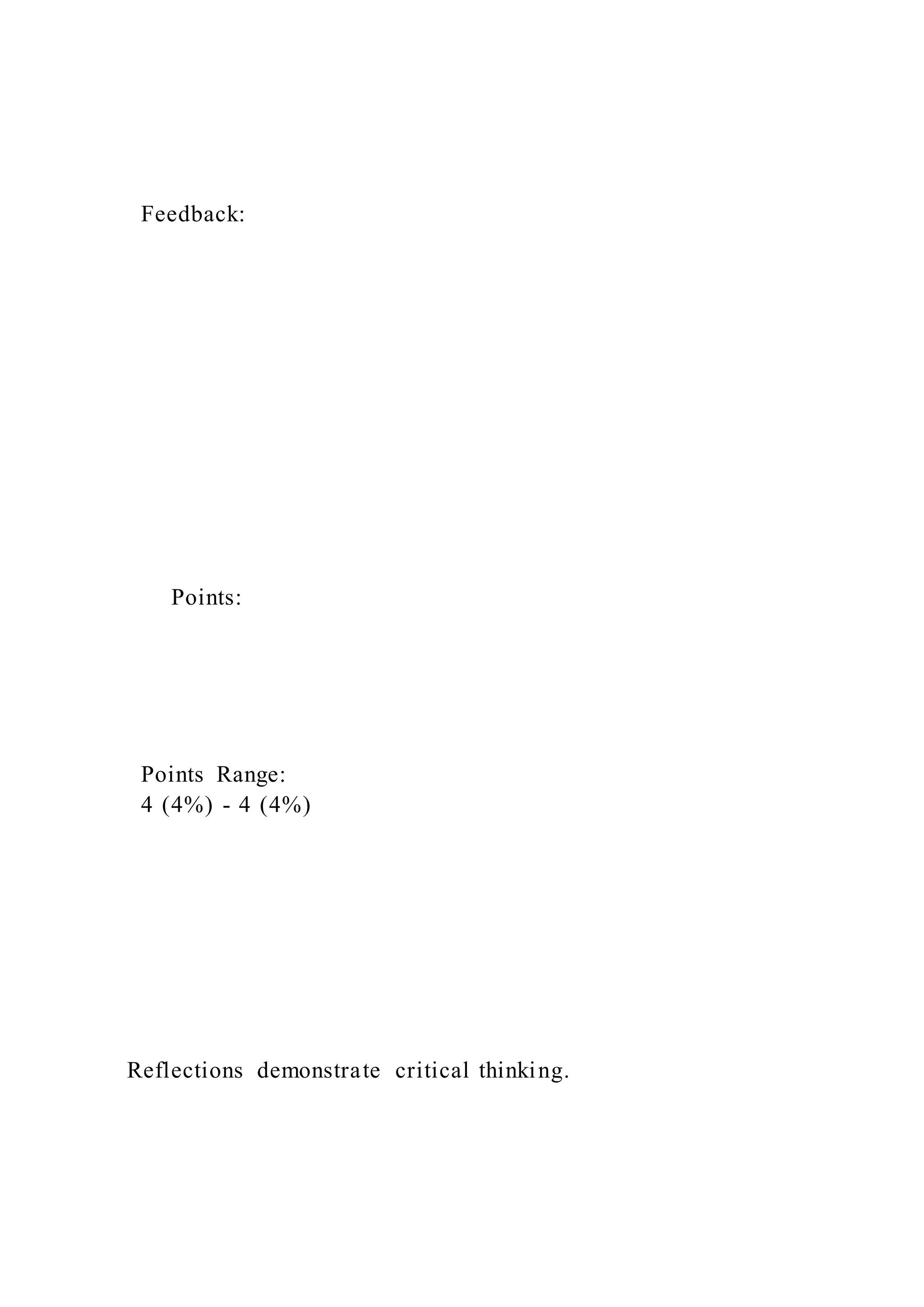Feedback:
Points:
Points Range:
4 (4%) - 4 (4%)
Reflections demonstrate critical thinking.
 