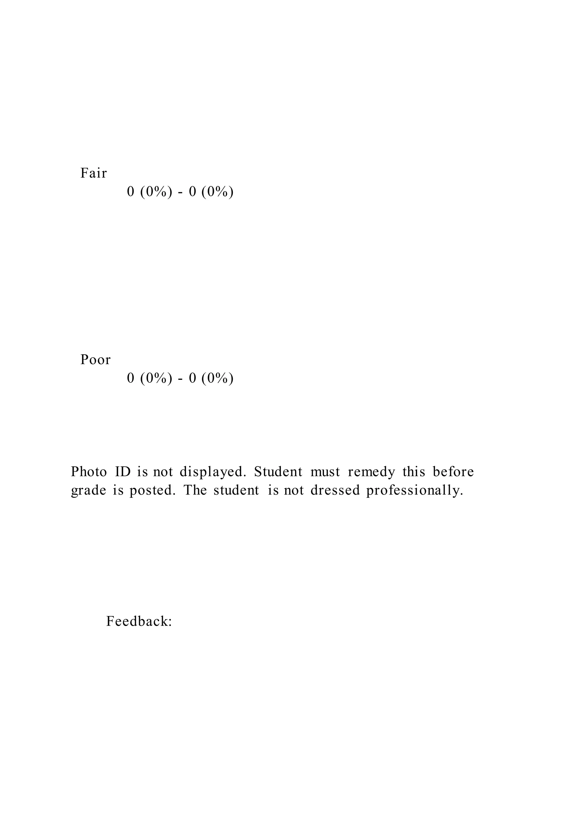 Fair
0 (0%) - 0 (0%)
Poor
0 (0%) - 0 (0%)
Photo ID is not displayed. Student must remedy this before
grade is posted. The student is not dressed professionally.
Feedback:
 