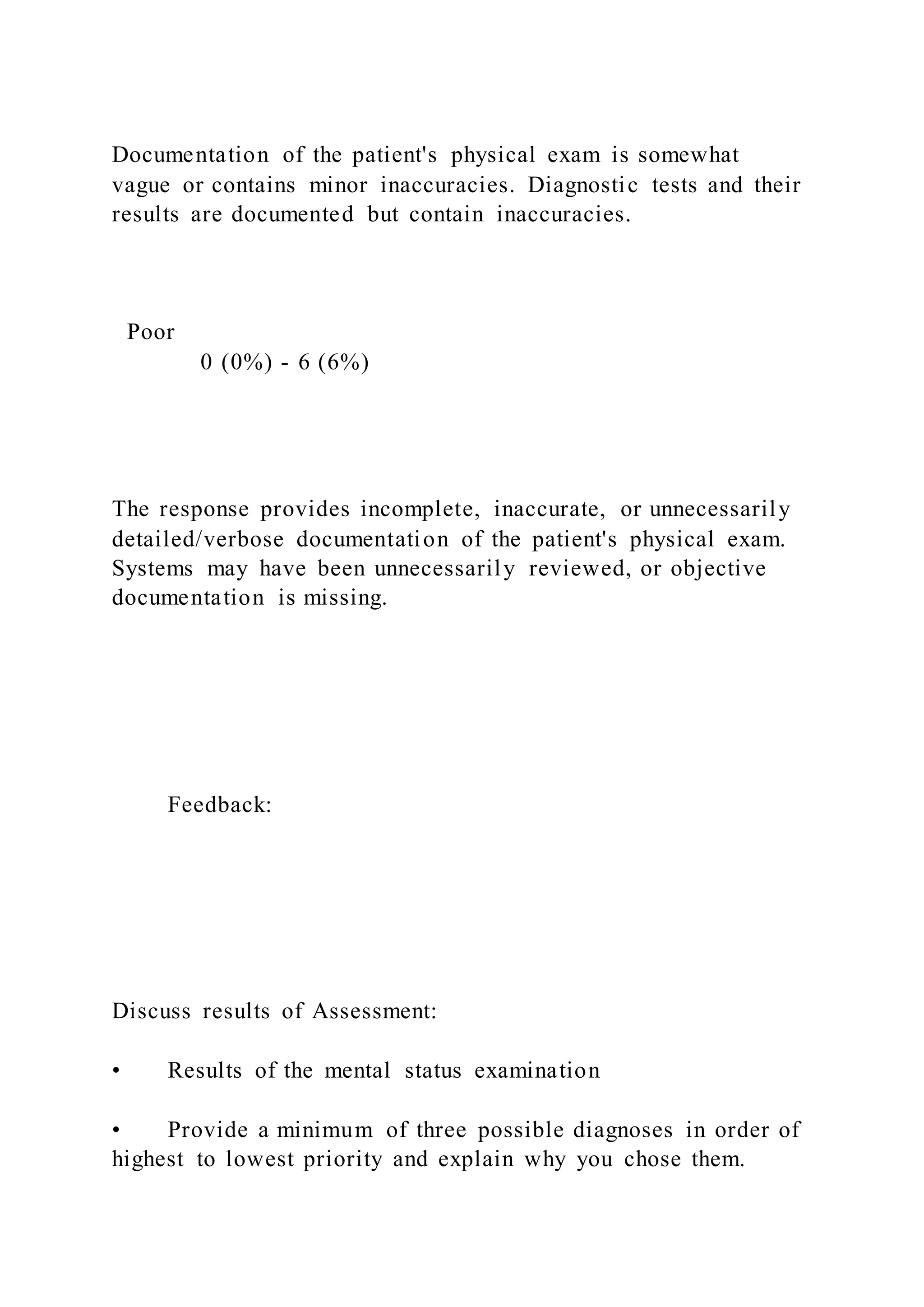 Documentation of the patient's physical exam is somewhat
vague or contains minor inaccuracies. Diagnostic tests and their
results are documented but contain inaccuracies.
Poor
0 (0%) - 6 (6%)
The response provides incomplete, inaccurate, or unnecessarily
detailed/verbose documentation of the patient's physical exam.
Systems may have been unnecessarily reviewed, or objective
documentation is missing.
Feedback:
Discuss results of Assessment:
• Results of the mental status examination
• Provide a minimum of three possible diagnoses in order of
highest to lowest priority and explain why you chose them.
 