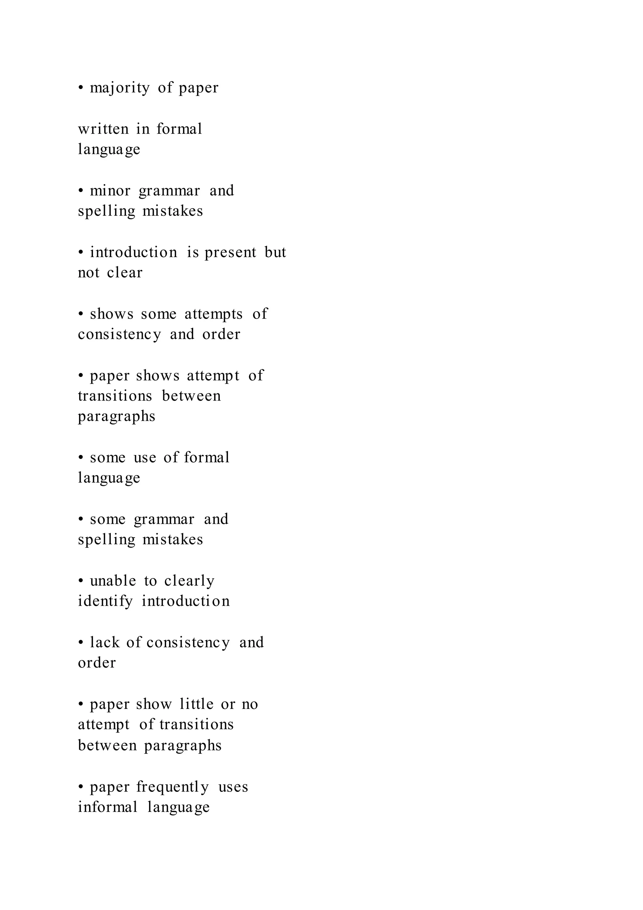 • majority of paper
written in formal
language
• minor grammar and
spelling mistakes
• introduction is present but
not clear
• shows some attempts of
consistency and order
• paper shows attempt of
transitions between
paragraphs
• some use of formal
language
• some grammar and
spelling mistakes
• unable to clearly
identify introduction
• lack of consistency and
order
• paper show little or no
attempt of transitions
between paragraphs
• paper frequently uses
informal language
 