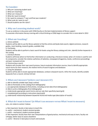 To Consider:
1. Why am I assessing student work
2. What am I teaching?
3. What can I measure?
4. What do I want to know?
5. Do I want to compare 1st year and final year students?
6. What scale do I want to use?
7. Should students see the rubric?


1. Why am I assessing student work?
To use as evidence in discussion with CENG faculty on the best implementation of library support
To associate information literacy training with critical thinking as CENG begin to consider this in more detail in 2013


2. What am I teaching?
a. Library website
Students will be able to use the library website to find the article and books beta search, digital commons, research
guides, room booking, research guides, available help
b. Find books
Students will be able to perform a basic search for books using the library catalog and Link+, identify further keywords in
the catalog
c. Literature Review
Students will know where to find further information on conducting a literature review; what a lit review is used for and
its components; consider the relative usefulness of websites, newspapers/magazines, books, conference proceedings
and peer reviewed articles
d. Constructing a search
Students will consider their own search process, how to evaluate information sources, how to identify appropriate
search terms for their research, the relative merits of search engines and databases
e. Using the databases
Students will be able to locate appropriate databases, conduct a keyword search, refine the results, identify suitable
keywords from a record, retrieve full text


3. What can I measure? (where can I measure it?)
a. able to identify suitable topic (topic outline)
b. able to find books on the catalog (from bibliography)
c. use appropriate database to find articles, including correct date (from bibliography)
d. Able to write a bibliography (from bibliography)
e. Understands appropriate search terms and can rate their specificity (word grid)
f. completed grid according to instructions (word grid)
g. understands relationship between keywords found and media type (description of results)


4. What do I want to know? (ie What I can measure versus What I want to measure)
a,b,c, etc relate to section 3 above.

a. Not important, faculty in best place to teach this
b. useful – mechanical, student assistant grades
c. useful – mechanical, student assistant grades
d. Not important, faculty have their own interpretations of good practice, mechanical and easy to learn, faculty not
unhappy, better ways to assess elsewhere
e. useful – librarian in best place to teach and evaluate
 