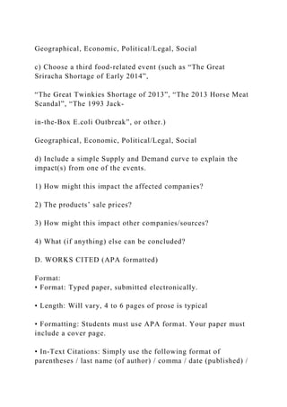 Geographical, Economic, Political/Legal, Social
c) Choose a third food-related event (such as “The Great
Sriracha Shortage of Early 2014”,
“The Great Twinkies Shortage of 2013”, “The 2013 Horse Meat
Scandal”, “The 1993 Jack-
in-the-Box E.coli Outbreak”, or other.)
Geographical, Economic, Political/Legal, Social
d) Include a simple Supply and Demand curve to explain the
impact(s) from one of the events.
1) How might this impact the affected companies?
2) The products’ sale prices?
3) How might this impact other companies/sources?
4) What (if anything) else can be concluded?
D. WORKS CITED (APA formatted)
Format:
• Format: Typed paper, submitted electronically.
• Length: Will vary, 4 to 6 pages of prose is typical
• Formatting: Students must use APA format. Your paper must
include a cover page.
• In-Text Citations: Simply use the following format of
parentheses / last name (of author) / comma / date (published) /
 