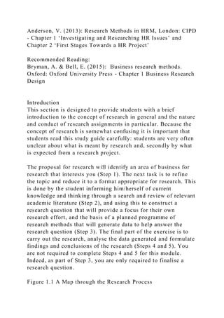 Anderson, V. (2013): Research Methods in HRM, London: CIPD
- Chapter 1 ‘Investigating and Researching HR Issues’ and
Chapter 2 ‘First Stages Towards a HR Project’
Recommended Reading:
Bryman, A. & Bell, E. (2015): Business research methods.
Oxford: Oxford University Press - Chapter 1 Business Research
Design
Introduction
This section is designed to provide students with a brief
introduction to the concept of research in general and the nature
and conduct of research assignments in particular. Because the
concept of research is somewhat confusing it is important that
students read this study guide carefully: students are very often
unclear about what is meant by research and, secondly by what
is expected from a research project.
The proposal for research will identify an area of business for
research that interests you (Step 1). The next task is to refine
the topic and reduce it to a format appropriate for research. This
is done by the student informing him/herself of current
knowledge and thinking through a search and review of relevant
academic literature (Step 2), and using this to construct a
research question that will provide a focus for their own
research effort, and the basis of a planned programme of
research methods that will generate data to help answer the
research question (Step 3). The final part of the exercise is to
carry out the research, analyse the data generated and formulate
findings and conclusions of the research (Steps 4 and 5). You
are not required to complete Steps 4 and 5 for this module.
Indeed, as part of Step 3, you are only required to finalise a
research question.
Figure 1.1 A Map through the Research Process
 