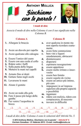 ANTHONY MOLLICA

Giochiamo
con le parole !
I modi di dire

Associa il modo di dire nella Colonna A con il suo significato nella
Colonna B.
Colonna A
1. Allargare le braccia
2. Avere un diavolo per capello
3. Avere qualcuno alle calcagna
4.
5.
6.
7.
8.

Essere l’amico del cuore
Essere con una corda al collo
Ridere sotto i baffi
Sulla punta della lingua
Mettersi le mani nei capelli

9. Armato fino ai denti
10. Gettare fumo negli occhi
11. Lavarsene le mani
12. Alzare il gomito
13. Avere un nodo alla gola
14. Fare il passo più lungo della
gamba
15. Far venire l’acquolina in
bocca

Colonna B
a.

aver qualcosa in mente ma
non saperla ricordare esattamente
b. avere forte commozione
c. bere vini e liquori
smodatamente, ubriacarsi
d. disinteressarsi
e. disperarsi
f. esprimere rassegnazione
g. essere appetitoso
h. essere molto irritato o innervosito
i. essere ben fornito
j. essere seguito da vicino
k. essere un amico più intimo,
più caro
l. impegnarsi in un’impresa
superiore alle proprie capacità
o possibilità
m. ingannare
n. ridere con malizia, ridere con
compiacenza, di nascosto
o. trovarsi in difficoltà

1. ___; 2. ___; 3.___; 4.___; 5. ___; 6.___; 7.___; 8.___;9. ___; 10.___;
11. ___; 12. ___; 13. ___; 14. ___; 15.___.
I modi di dire della Colonna A sono le soluzioni dell’Attività No. 5.
© 2012 Anthony Mollica, Giochiamo con le parole! • Attività N° 6
Corriere Canadese • 21 febbraio 2012 • E-mail: mollica@brocku.ca

 