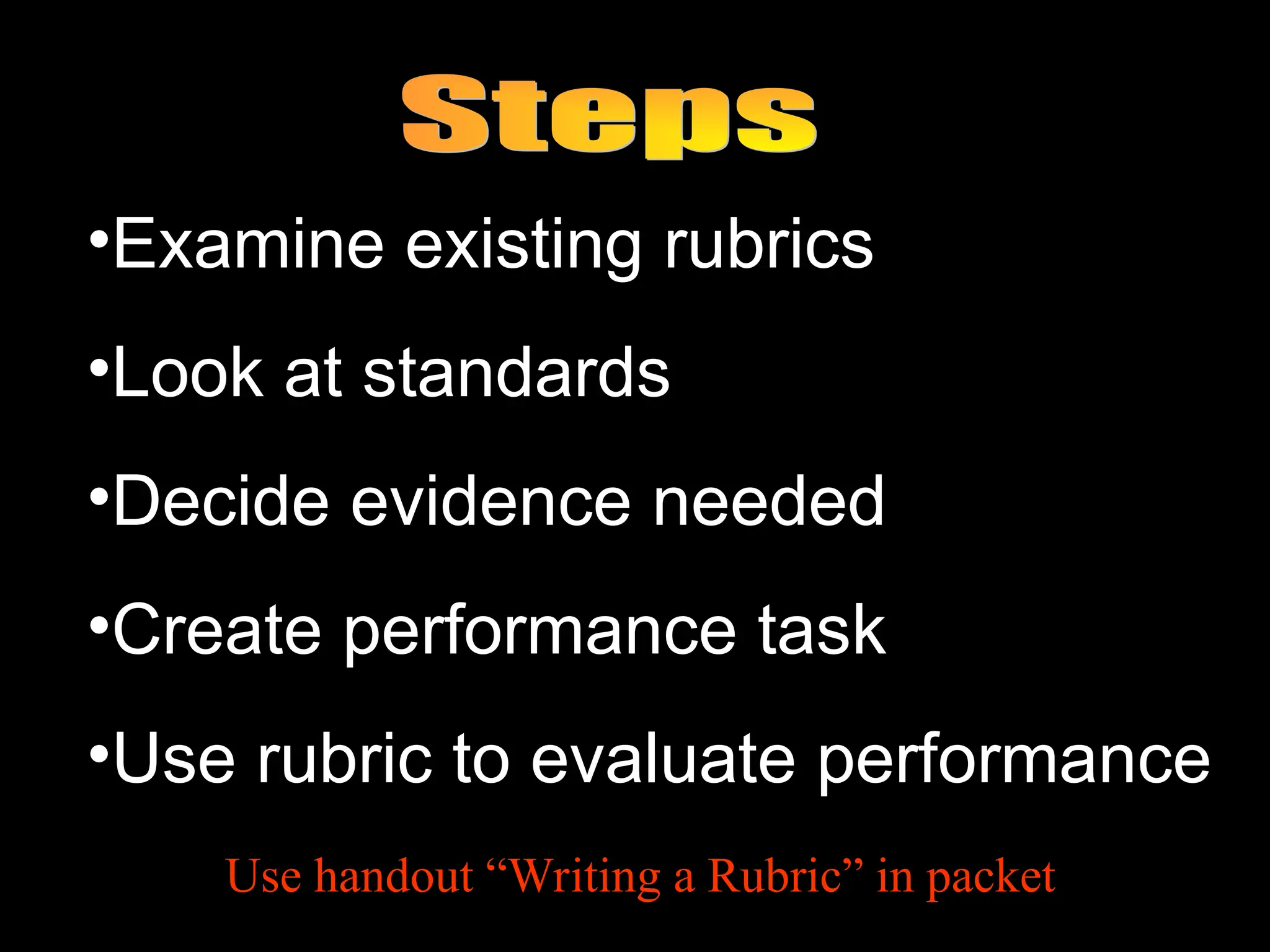 •Examine existing rubrics
•Look at standards
•Decide evidence needed
•Create performance task
•Use rubric to evaluate performance
Use handout “Writing a Rubric” in packet
 