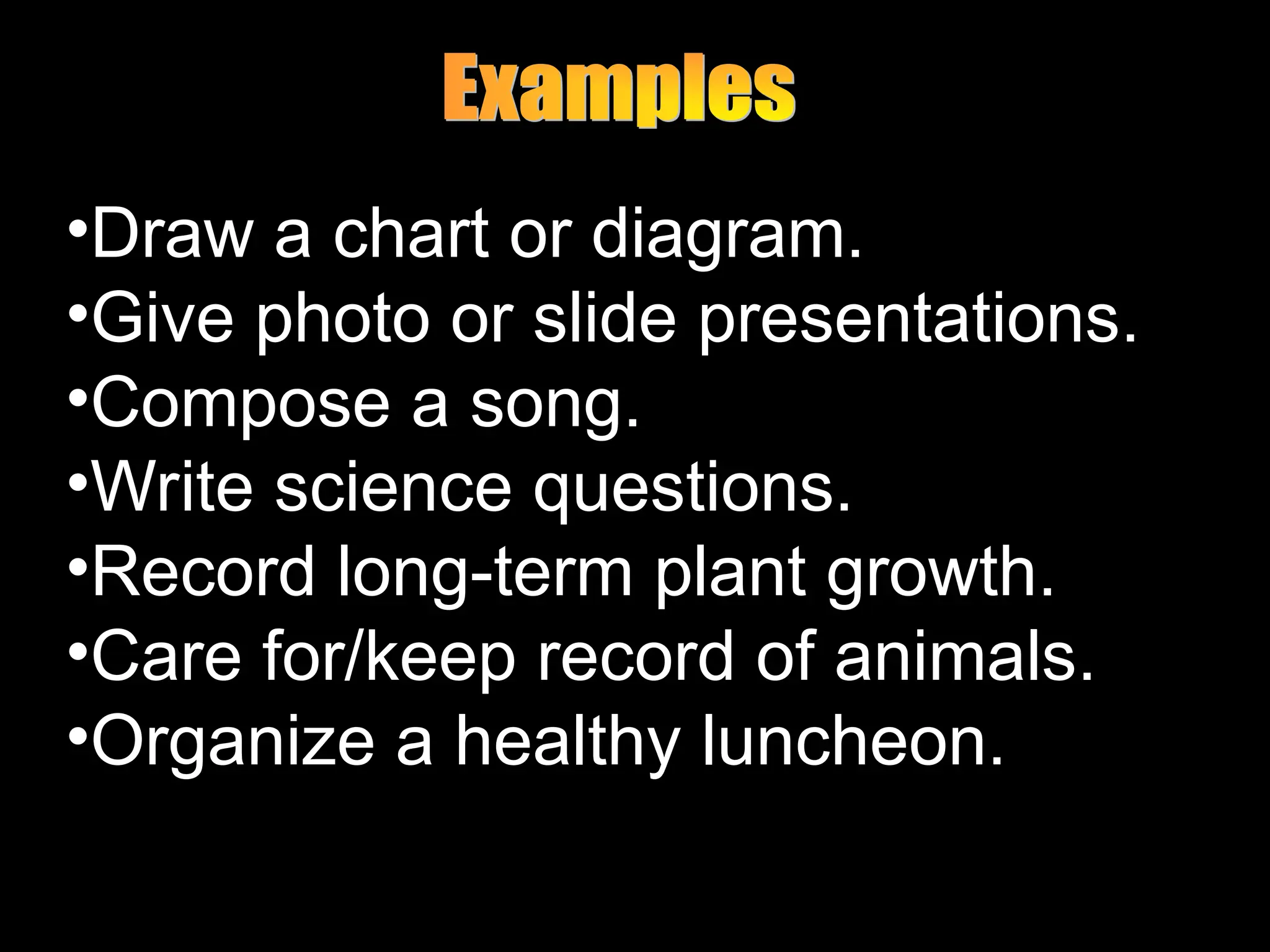 •Draw a chart or diagram.
•Give photo or slide presentations.
•Compose a song.
•Write science questions.
•Record long-term plant growth.
•Care for/keep record of animals.
•Organize a healthy luncheon.
 