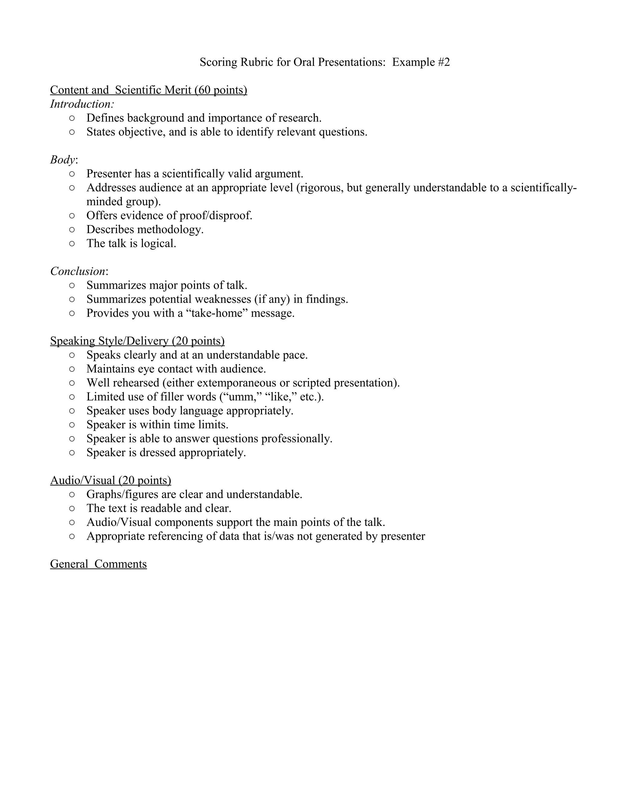 Scoring Rubric for Oral Presentations: Example #2
Content and Scientific Merit (60 points)
Introduction:
○ Defines background and importance of research.
○ States objective, and is able to identify relevant questions.
Body:
○ Presenter has a scientifically valid argument.
○ Addresses audience at an appropriate level (rigorous, but generally understandable to a scientifically-
minded group).
○ Offers evidence of proof/disproof.
○ Describes methodology.
○ The talk is logical.
Conclusion:
○ Summarizes major points of talk.
○ Summarizes potential weaknesses (if any) in findings.
○ Provides you with a “take-home” message.
Speaking Style/Delivery (20 points)
○ Speaks clearly and at an understandable pace.
○ Maintains eye contact with audience.
○ Well rehearsed (either extemporaneous or scripted presentation).
○ Limited use of filler words (“umm,” “like,” etc.).
○ Speaker uses body language appropriately.
○ Speaker is within time limits.
○ Speaker is able to answer questions professionally.
○ Speaker is dressed appropriately.
Audio/Visual (20 points)
○ Graphs/figures are clear and understandable.
○ The text is readable and clear.
○ Audio/Visual components support the main points of the talk.
○ Appropriate referencing of data that is/was not generated by presenter
General Comments
 