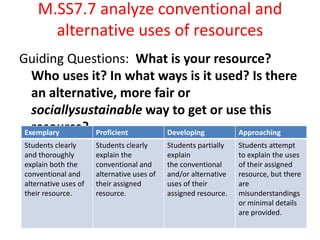 M.SS7.7 analyze conventional and alternative uses of resourcesGuiding Questions:  What is your resource? Who uses it? In what ways is it used? Is there an alternative, more fair or sociallysustainable way to get or use this resource? 