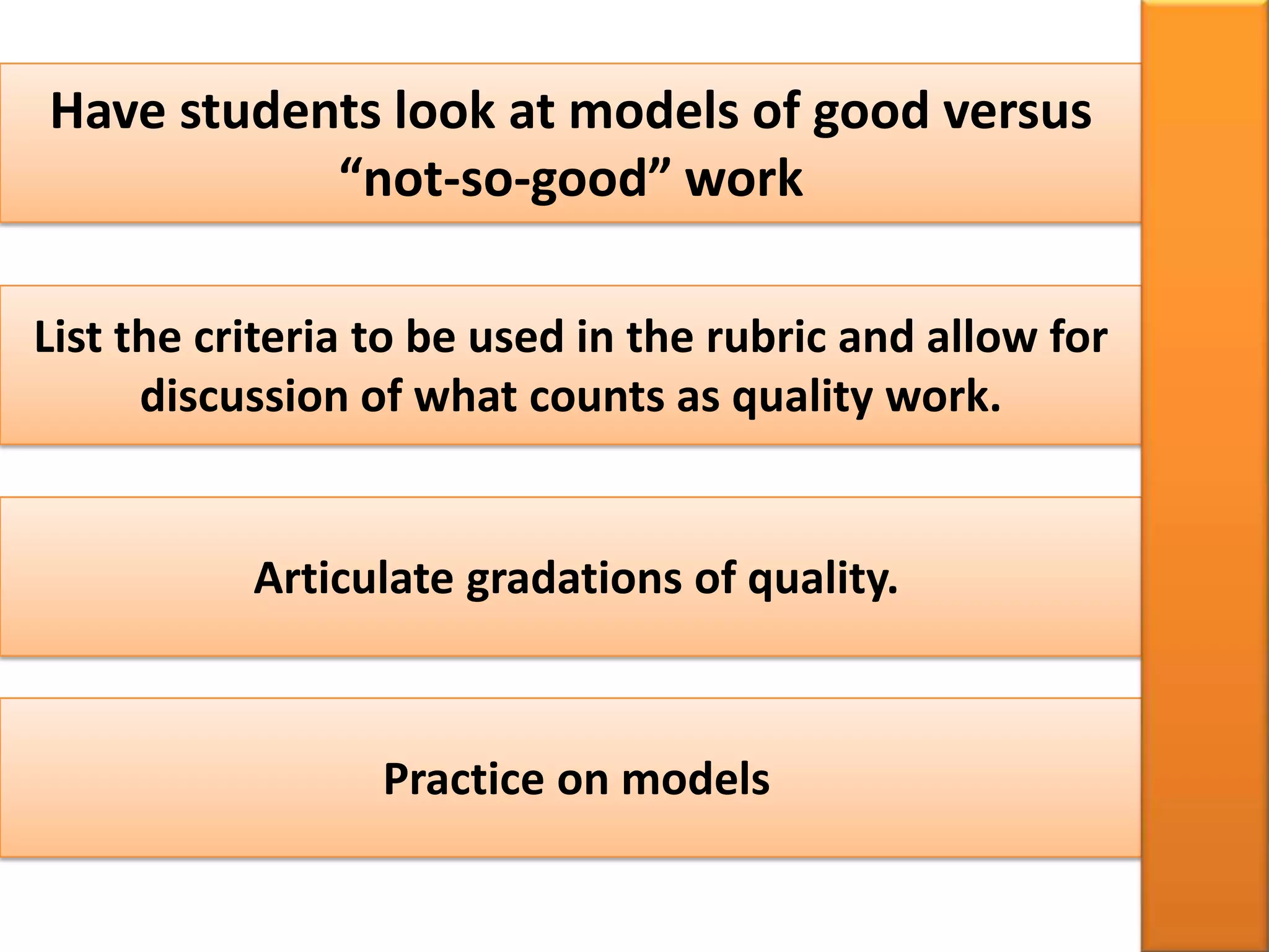Have students look at models of good versus
           “not-so-good” work

List the criteria to be used in the rubric and allow for
      discussion of what counts as quality work.


           Articulate gradations of quality.



                  Practice on models
 