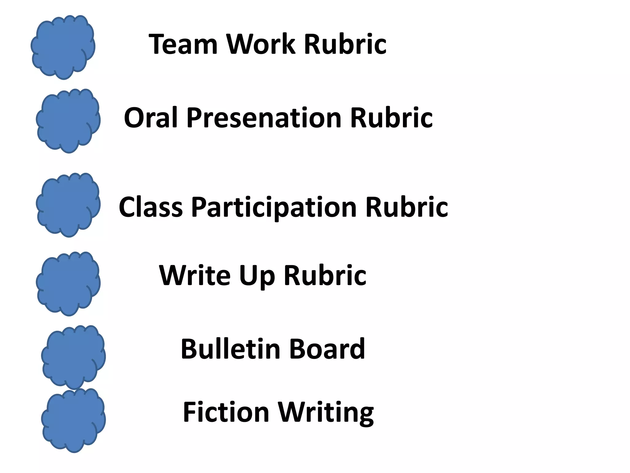 Team Work Rubric

Oral Presenation Rubric

Class Participation Rubric

   Write Up Rubric

    Bulletin Board

     Fiction Writing
 