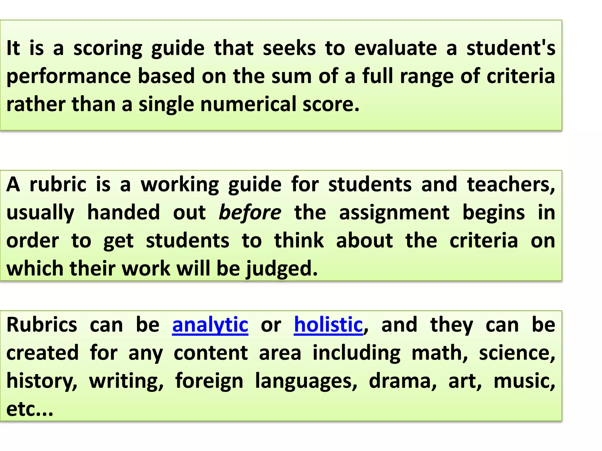 It is a scoring guide that seeks to evaluate a student's
performance based on the sum of a full range of criteria
rather than a single numerical score.


A rubric is a working guide for students and teachers,
usually handed out before the assignment begins in
order to get students to think about the criteria on
which their work will be judged.

Rubrics can be analytic or holistic, and they can be
created for any content area including math, science,
history, writing, foreign languages, drama, art, music,
etc...
 