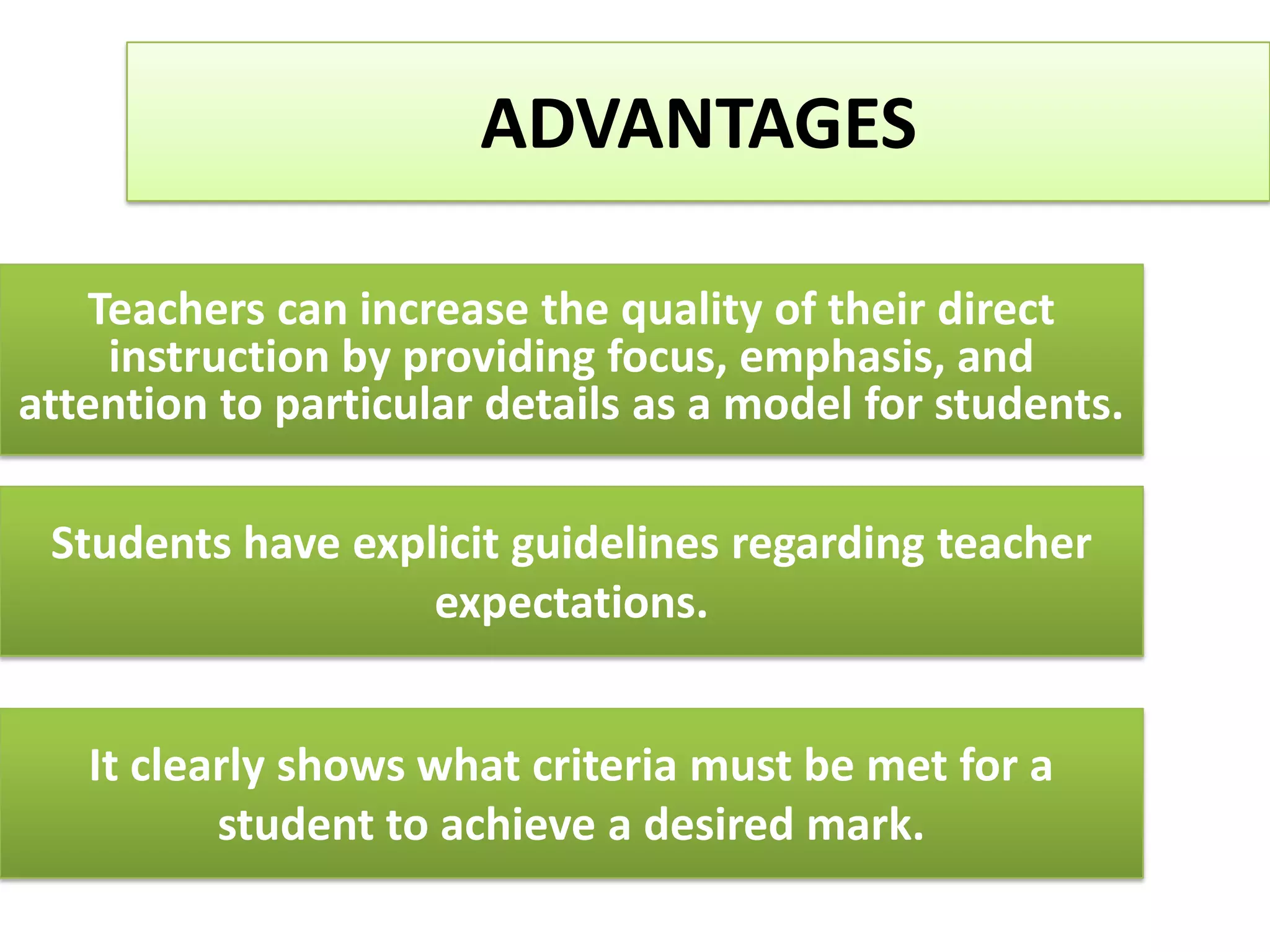 ADVANTAGES

   Teachers can increase the quality of their direct
    instruction by providing focus, emphasis, and
attention to particular details as a model for students.

 Students have explicit guidelines regarding teacher
                   expectations.


   It clearly shows what criteria must be met for a
          student to achieve a desired mark.
 