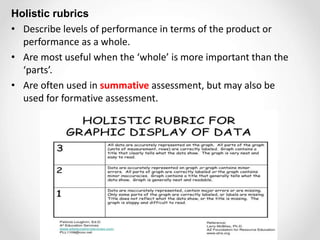 Holistic rubrics
• Describe levels of performance in terms of the product or
performance as a whole.
• Are most useful when the ‘whole’ is more important than the
‘parts’.
• Are often used in summative assessment, but may also be
used for formative assessment.
 