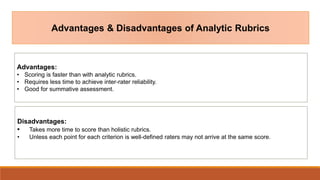 Advantages & Disadvantages of Analytic Rubrics
Advantages:
• Scoring is faster than with analytic rubrics.
• Requires less time to achieve inter-rater reliability.
• Good for summative assessment.
Disadvantages:
• Takes more time to score than holistic rubrics.
• Unless each point for each criterion is well-defined raters may not arrive at the same score.
 