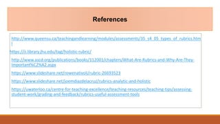 References
http://www.queensu.ca/teachingandlearning/modules/assessments/35_s4_05_types_of_rubrics.htm
l
https://ii.library.jhu.edu/tag/holistic-rubric/
http://www.ascd.org/publications/books/112001/chapters/What-Are-Rubrics-and-Why-Are-They-
Important%C2%A2.aspx
https://www.slideshare.net/rowenativoli/rubric-26693523
https://www.slideshare.net/joemdiazdelacruz/rubrics-analytic-and-holistic
https://uwaterloo.ca/centre-for-teaching-excellence/teaching-resources/teaching-tips/assessing-
student-work/grading-and-feedback/rubrics-useful-assessment-tools
 