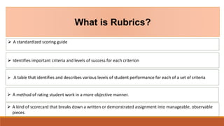What is Rubrics?
 A standardized scoring guide
 Identifies important criteria and levels of success for each criterion
 A table that identifies and describes various levels of student performance for each of a set of criteria
 A method of rating student work in a more objective manner.
 A kind of scorecard that breaks down a written or demonstrated assignment into manageable, observable
pieces.
 