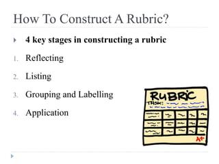 How To Construct A Rubric?
 4 key stages in constructing a rubric
1. Reflecting
2. Listing
3. Grouping and Labelling
4. Application
 