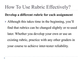 How To Use Rubric Effectively?
Develop a different rubric for each assignment
 Although this takes time in the beginning, you’ll
find that rubrics can be changed slightly or re-used
later. Whether you develop your own or use an
existing rubric, practice with any other graders in
your course to achieve inter-tester reliability.
 