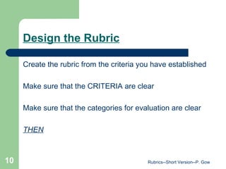 Design the Rubric Create the rubric from the criteria you have established Make sure that the CRITERIA are clear Make sure that the categories for evaluation are clear THEN Rubrics--Short Version--P. Gow 
