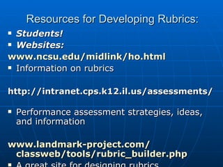 Resources for Developing Rubrics: Students! Websites: www.ncsu.edu/midlink/ho.html   Information on rubrics http://intranet.cps.k12.il.us/assessments/   Performance assessment strategies, ideas, and information www.landmark-project.com /  classweb/tools/rubric_builder.php A great site for designing rubrics   
