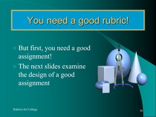 You need a good rubric!But first, you need a good assignment!The next slides examine the design of a good assignmentRubrics for College10