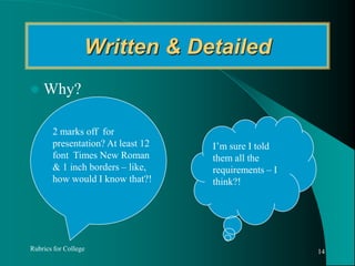 Written & DetailedWhy?Rubrics for College142 marks off  for presentation? At least 12 font  Times New Roman  & 1 inch borders – like, how would I know that?!I’m sure I told them all the requirements – I think?!