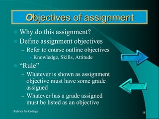 Objectives of assignmentWhy do this assignment?Define assignment objectivesRefer to course outline objectivesKnowledge, Skills, Attitude“Rule”Whatever is shown as assignment objective must have some grade assigned Whatever has a grade assigned must be listed as an objectiveRubrics for College18