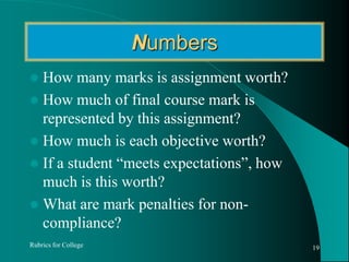 NumbersHow many marks is assignment worth?How much of final course mark is represented by this assignment?How much is each objective worth?If a student “meets expectations”, how much is this worth?What are mark penalties for non-compliance?Rubrics for College19