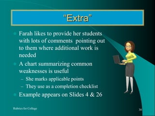 Objectives/Criteria (Rows)Recall assignment objectives Connect each to an assessment criterion Specific, measurable and action-orientedLearning objective  assessment criterionEg Assignment objective requires student to analyze practical situationRubric Criterion (row heading) - “Application of theory to facts”Eg Rubric criterion assesses correct grammar, spelling, organization …Assignment objective – Student will prepare a written summary demonstrating good grammar, spelling and organizationRubrics for College27