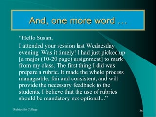 Resources about … Farah asks where she can find useful resources aboutTypes of rubricsMethods to create rubricsTheory of rubricsSamplesRubrics for College33OPERA