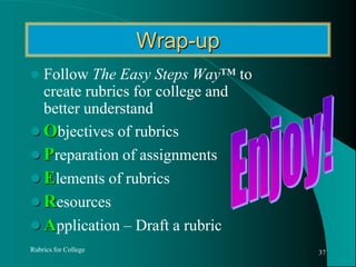 Creating & Sharing Rubric ResourcesSquidoo Lens  (http://www.squidoo.com/TeachCollege2 )“Reduce Hassles, Teach Smarter – Rubrics for College” Delicious bookmarks  (http://delicious.com/srl18/rubrics )Tagged bookmarks which relate to rubricsRubiStar: (http://rubistar.4teachers.org ) Helps the teacher who wants to use rubrics, but does not have time to develop them from scratchProvides template rubrics that can … be printed and used for many typical projects and research assignments.” iRubric  (http://www.rcampus.com/indexrubric.cfm )Site for free development and sharing of rubricsPublic gallery, how-to videos and building toolsRubrics for College34