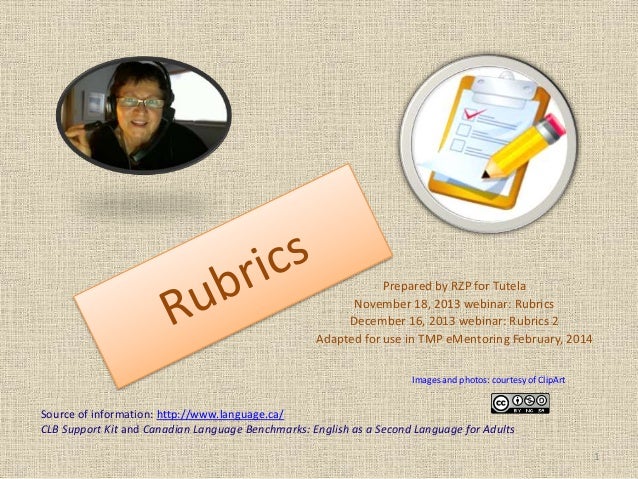 Prepared by RZP for Tutela
November 18, 2013 webinar: Rubrics
December 16, 2013 webinar: Rubrics 2
Adapted for use in TMP eMentoring February, 2014
Source of information: http://www.language.ca/
CLB Support Kit and Canadian Language Benchmarks: English as a Second Language for Adults
Images and photos: courtesy of ClipArt
1
 