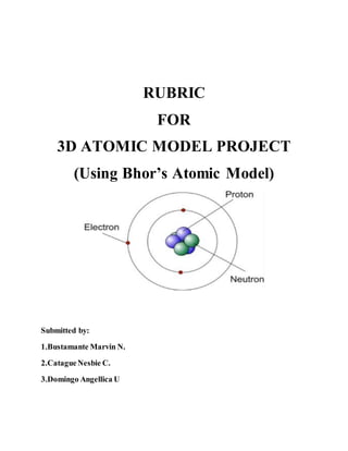 RUBRIC
FOR
3D ATOMIC MODEL PROJECT
(Using Bhor’s Atomic Model)
Submitted by:
1.Bustamante Marvin N.
2.CatagueNesbie C.
3.Domingo Angellica U
 