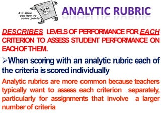 DESCRIBES LEVELSOFPERFORMANCEFOREACH
CRITERION TO ASSESS STUDENT PERFORMANCE ON
EACHOFTHEM.
When scoring with an analytic rubric each of
the criteria isscored individually
Analytic rubrics are more common because teachers
typically want to assess each criterion separately,
particularly for assignments that involve a larger
numberof criteria
 