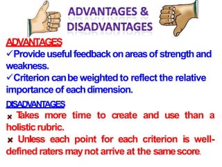 ADVANTAGES
Provideusefulfeedbackonareasof strengthand
weakness.
Criterion canbeweightedto reflect the relative
importanceof eachdimension.
DISADV
ANT
AGES
T
akes more time to create and use than a
holisticrubric.
Unless each point for each criterion is well-
defined ratersmaynot arrive at the samescore.
 