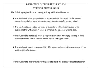 SIGNIFICANCE OF THE RUBRICS USED FOR
ASSESSING WRITING SKILLS
The Rubrics prepared for accessing writing skills would enable:
 The teachers to clearly explainto the students about their work on the basis of
evaluationandwhat more is expected from the students for a given criteria.
 The teachers to promote awareness of the criteria which is being used while
evaluatingthe writing skill in order to enhance the students’ writing skills.
 The students to increase a sense of responsibilitywhile writing by keeping in mind
the listed criteria and as a result, obtainbetter writing on a topic.
 The teachers to use it as a powerful tool for easier and qualitative assessment of the
writing skills of a student.
 The students to improve their writing skills to meet the expectationsof the teacher.
 