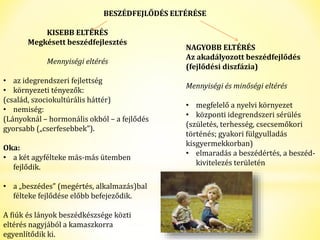 BESZÉDFEJLŐDÉS ELTÉRÉSE 
KISEBB ELTÉRÉS 
Megkésett beszédfejlesztés 
Mennyiségi eltérés 
• az idegrendszeri fejlettség 
• környezeti tényezők: 
(család, szociokultúrális háttér) 
• nemiség: 
(Lányoknál – hormonális okból – a fejlődés 
gyorsabb („cserfesebbek”). 
Oka: 
• a két agyfélteke más-más ütemben 
fejlődik. 
• a „beszédes” (megértés, alkalmazás)bal 
félteke fejlődése előbb befejeződik. 
A fiúk és lányok beszédkészsége közti 
eltérés nagyjából a kamaszkorra 
egyenlítődik ki. 
NAGYOBB ELTÉRÉS 
Az akadályozott beszédfejlődés 
(fejlődési diszfázia) 
Mennyiségi és minőségi eltérés 
• megfelelő a nyelvi környezet 
• központi idegrendszeri sérülés 
(születés, terhesség, csecsemőkori 
történés; gyakori fülgyulladás 
kisgyermekkorban) 
• elmaradás a beszédértés, a beszéd-kivitelezés 
területén 
 