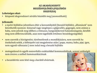 AZ AKADÁLYOZOTT 
BESZÉDFEJLŐDÉS (FEJLŐDÉSI 
DISZFÁZIA) 
Lehetséges okai: 
• központi idegrendszeri sérülés húzódik meg (azonosítható) 
Jellemzői: 
• a nyelvi fejlődése jelentősen eltér a korosztályától (beszéd fejlődési „állomások” nem 
követhetők nyomon- kimarad vagy szegényes a gőgicsélés, gagyogás, nem utánoz a 
baba, nem jelenik meg időben a ritmusos, hangsúlykereső halandzsázgatás, később 
meg nem differenciálódik, azaz nem tagolódik értelmes beszédegységekké) 
• nem szeretik a höcögtetést, türelmetlenek a mondókázásra, nem szeretik ha 
énekelnek nekik, a bébinyelvi szó megjelenése után ( papa, mama, baba, pipi, igen, 
nem egyedi változatai ) nem indul meg a beszéd fejlődés 
• mutogatással és egyéb nonverbális eszközökkel kommunikálnak, semmi szükségét 
nem érezve a szóbeli kommunikációnak 
• a beszédértés sem felel meg a korától elvártnak. 
 