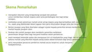 Skema Pemarkahan
 merupakan dokumen yang mengandungi jawapan dan panduan
untuk memberikan markah respons calon serta pembahagian skor bagi setiap
jawapan.
 melibatkan proses penentuan markah untuk setiap respons yang dipersembahkan oleh calon. Oleh
itu, aspek yang dikehendaki dalam tugasan item perlu ditunjukkan dengan jelas dan terperinci.
 Bentuk jawapan yang ideal disertakan sebagai rujukan kepada pemeriksa semasa memberikan
markah kepada jawapan calon.
 Panduan dan contoh jawapan akan membantu pemeriksa melakukan
pemeriksaan dengan tekal bagi menjamin keadilan dalam pentaksiran.
 mesti menepati kehendak soalan dan mempunyai ciri-ciri keobjektifan yang tinggi. Hal ini bermakna
bahawa markah yang diberikan kepada setiap soalan adalah konsisten bagi semua pemeriksa.
 perlu menyatakan peraturan pemberian markah secara terperinci untuk menjamin
keobjektifannya.
 