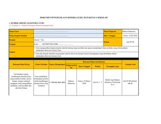 1. RUBRIK OBSERVASI KINERJA GURU
1.1 Formulir A : Diskusi Persiapan Observasi Kinerja Guru
Nama Guru Mata Pelajaran Bahasa Indonesia
Nama Kepala Sekolah Hari / Tanggal Senin, 12/02/2024
Periode
Tempat
Pelajaran/Ke
las
Hari/ Tanggal Waktu Perangkat Ajar
Terwujudnya upaya
membangun suasana kelas
yang kondusif untuk proses
belajar, dengan minimal
gangguan yang mengalihkan
perhatian peserta didik dari
aktivitas belajar
Guru melakukan
komunikasi positif
untuk membangun
suasana kelas yang
kondusif
1. literasi dan aksi
Bahasa
Indonesia
Selasa, 10 Maret
2024
Jam ke 1 - 2
Modul Ajar Bahasa
Indonesia Pertemuan
ke 4
Jam 07.00 s/d jam
08.30
DOKUMEN PENGELOLAAN KINERJA GURU DAN KEPALA SEKOLAH
...........................................................................
...........................................................................
Januari - Juni
Waktu
Kelas ....... SD/SMP/SMA/SMK................................
Jam 09.30
Tujuan
Rencana Hasil Kerja Fokus Perilaku Upaya Mempelajari
1. Guru mengusulkan kepada kepala sekolah tentang target perilaku dan upaya mempelajari fokus perilaku yang direncanakan
melakukan observasi kinerja Guru
Catatan Lain
2. Guru dan Kepala Sekolah menyepakati jadwal observasi kinerja beserta kelengkapan yang dibutuhkan dalam
melakukan observasi kinerja Guru
Rencana Observasi Kinerja
 