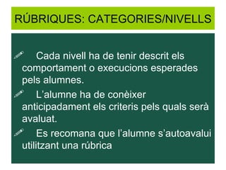 RÚBRIQUES: CATEGORIES/NIVELLS Cada nivell ha de tenir descrit els comportament o execucions esperades pels alumnes.  L’alumne ha de conèixer anticipadament els criteris pels quals serà avaluat.  Es recomana que l’alumne s’autoavalui utilitzant una rúbrica 