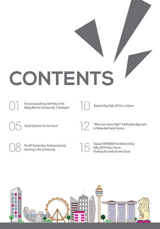 CONTENTS
01
05
Re-Conceptualising Self-Help in the
Malay/Muslim Community: 3 Strategies
Social Cohesion for the Future
12
15
“What Can I do to Help?” A Refreshed Approach
to Networked Social Service
Yayasan MENDAKI Post-National Day
Rally 2018 Policy Forum:
Planting the Seeds for the Future
10 National Day Rally 2018 at a Glance
08 The M³ Partnership: Buttressing Early
Learning in the Community
 