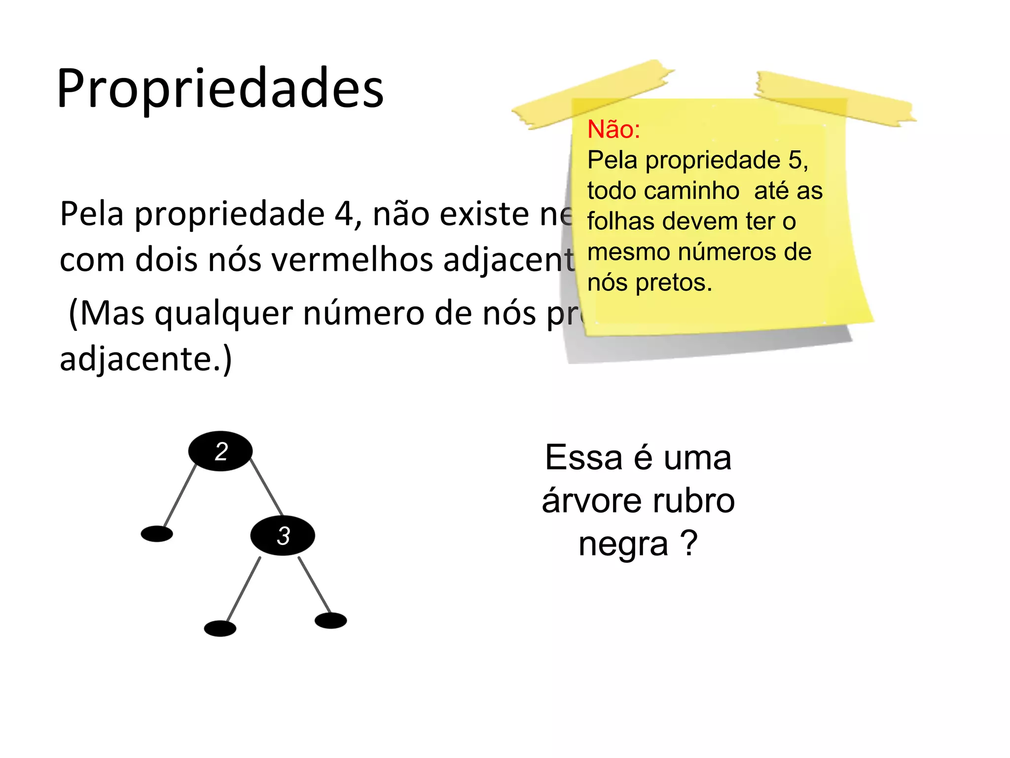 Não:
Pela propriedade 5,
todo caminho até as
folhas devem ter o
mesmo números de
nós pretos.

2
3

Essa é uma
árvore rubro
negra ?

 