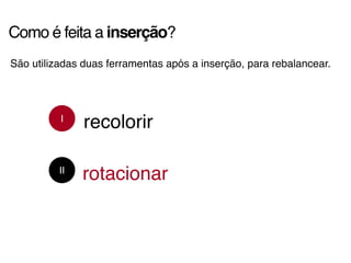 Como é feita a inserção?
São utilizadas duas ferramentas após a inserção, para rebalancear.
I
II
recolorir
rotacionar
 