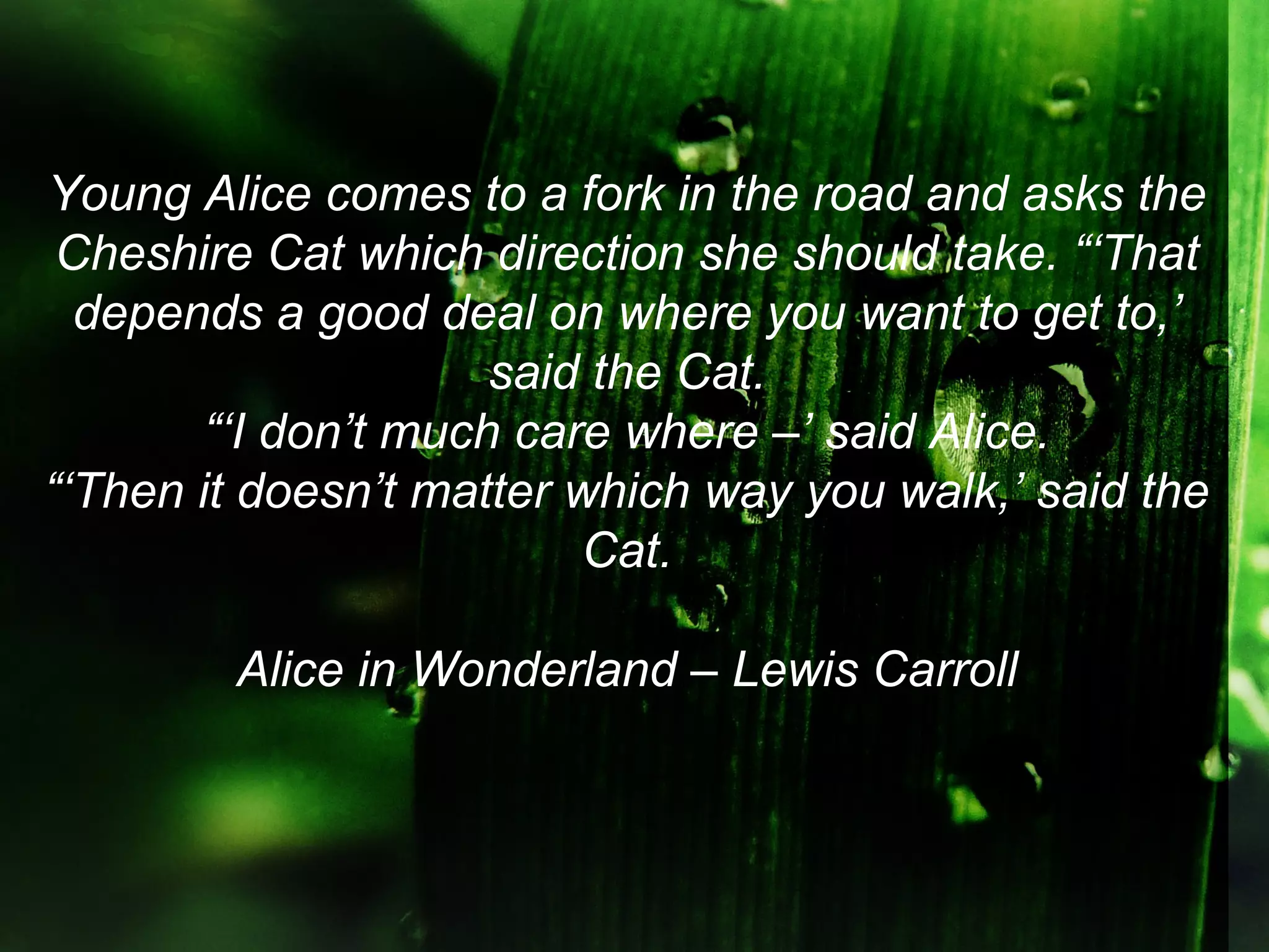 Young Alice comes to a fork in the road and asks the
 Cheshire Cat which direction she should take. “‘That
  depends a good deal on where you want to get to,’
                      said the Cat.
        “‘I don’t much care where –’ said Alice.
“‘Then it doesn’t matter which way you walk,’ said the
                          Cat.

        Alice in Wonderland – Lewis Carroll
 